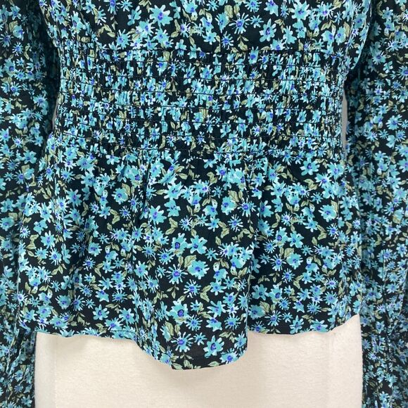 SO Baby Doll Top Large Blue Floral Crop Long Sleeves Fairy Goth Milkmaid Boho - Picture 6 of 15